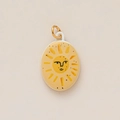 Detailed close-up of oval enamel pendant featuring a hand-painted yellow sun face illustration - Oval Expression Pendant