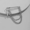 Silver punk style safety pin brooch with double layer chains and cross pendant accessory - Silver