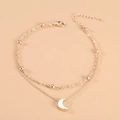 Golden double-layered anklet with moon pendant and beads, adjustable lobster clasp closure - Gold
