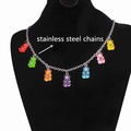 Colorful resin gummy bear necklace with seven pendants on durable stainless steel chain - Silver