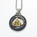 Vintage stainless steel Viking Valknut pendant necklace with gold Runes and silver chain - Two-tone Pendant + Steel 3.0 Box Chain 60CM