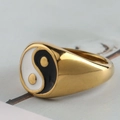 Gold stainless steel signet ring with black and white Tai Chi Yin Yang symbol design - US 5 / Gold
