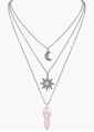 Dreilagige silberne Boho-Kette mit Mond-, Sonnen- und rosa Kristall-Hexagon-Anhänger - Mond Sonne Rosenquarz