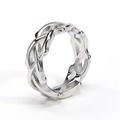 Detailed view of silver stainless steel ring with a trendy interlaced hollow weave design - US 7 / Steel