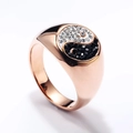 Detailed macro view of rose gold Yin Yang ring featuring black and white pave crystal inlay - Rose Gold