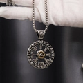 Nordic Viking necklace with golden Valknut symbol and Elder Futhark runes pendant - Silver with Gold Center