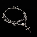 Collana punk a doppio strato argento con ciondolo a croce e grande perla finta bianca - Stile a Doppio Strato con Croce e Perla / Argento