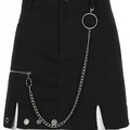 Punk high-waist black skirt with metal chains and eyelet details on a white background - Silver