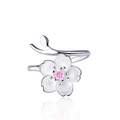 Silver cherry blossom open ring with pink zircon and textured branch band for women - Cherry Blossom Style