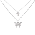 Double-layered silver butterfly necklace with sparkling zircon pendants on a white background - Double Layered Butterfly Pendant Style (x501) / 2 Pcs/Set / Silver