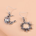 Bohemian style asymmetrical moon and sun earrings with opal gemstones in vintage silver finish - Sun Moon Earrings