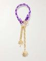 Elegant woven bag charm with gold coconut tree and sun pendants in purple and pink - Purple Sun Bag Charm