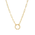 Golden paperclip chain necklace with a textured bamboo-style ring pendant on white background - No.5 Open Link Necklace