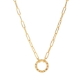 Golden paperclip chain necklace with a grooved industrial circle pendant - No.6 Open Link Necklace