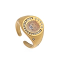 Vintage golden signet ring with painted lion head and sparkling rhinestone accents - Power Lion Ring