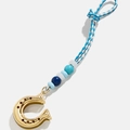 Golden horseshoe charm with blue and white braided rope and colorful beads decoration - Horsebit Buckle