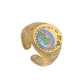 Vintage rainbow enamel seal ring with white crystals and celestial engraved band - Lucky Rainbow Ring