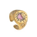 Adjustable gold seal ring with pink heart, black cross, and side DS engraving - Heartbroken Sacred Heart Ring