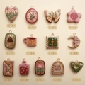18K gold-plated colorful 13-piece DIY charm set featuring moon butterfly and floral designs - Square Mushroom (No.5) / Multicolor