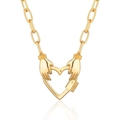 Gold chain necklace featuring hands holding heart ring with a star engraved lock pendant - Gold Heart Hands Clasp Necklace