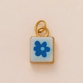 Blue enamel flower charm with golden edge and double rings in 18K style finish - Light Blue Flower Square Pendant
