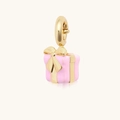 Pendentif boîte cadeau en émail rose avec nœud doré, acier inoxydable plaqué 18K - Boîte cadeau