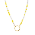 Beaded necklace with yellow and white faceted beads and a minimalist gold ring pendant - Yellow Beaded Clip Necklace