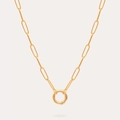 Close-up of polished 18K gold-plated paperclip chain necklace with round clasp detail - Paperclip Open Ring