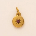 Macro shot of gold stainless steel circular pendant with a purple birthstone star setting - February Birthstone Pendant