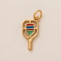 Detailed macro shot of a gold pickleball paddle pendant with colorful enamel accents - Pickleball Paddle Pendant