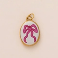 Oval gold-rimmed pendant with a pink bow design on white enamel, DIY accessory - Pink Bowknot Oval Style