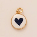 Exquise 18k vergulde ronde hanger met wit emaille en donkerblauw hart voor DIY-sieraden - Hanger 39 Hart