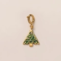 Detailed view of gold Christmas tree pendant with green enamel and colorful dots - Gold Christmas Tree Pendant