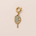 Golden pickleball racket pendant with light blue stripes and white pearl inlay detail - Tennis Racket Pendant