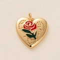 Goldener Herzanhänger mit rotem Rosenemaille-Detail und Gliederkette für Damen - Herz Rose - Nur Anhänger (Ohne Kette)