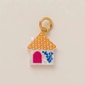 Detail view of colorful house pendant with 18K gold ring and vibrant painted roof details - House Shape (House Pendant 4)