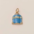 Detail of blue enamel sweater charm with gold metal edges and APRES lettering - Sweater Shape (Sweater Pendant)