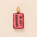 Detail of pink and red enamel rectangular charm with IM JUST AWKWARD text in gold plating - Square Quote (No. 14 Pink Square)