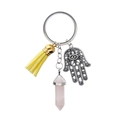 Detail of Hamsa Hand charm with yellow tassel and pink crystal on a silver keychain - Rose Quartz