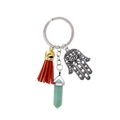 Hamsa Hand keychain with crystal hexagonal prism and brown leather tassel charm - Green Aventurine