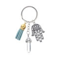 Hamsa Hand keychain with blue tassel, crystal hexagonal pillar and Evil Eye charm - Clear White