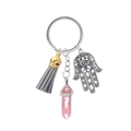Bohemian Hamsa Hand Keychain with Pink Crystal Hexagonal Prism and Grey Tassel Charm - Watermelon red