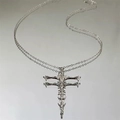 Gothic skull spine cross pendant necklace in silver finish with dark vintage punk style - Skeleton Cross Necklace / White Gold