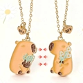 Magnetic capybara BFF necklace set with heart charms and gold chain for girls - Capybara With Flowers Magnetic (#13)