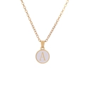 Macro-opname van gouden munt hanger met letter A en roze emaille aan een fijne ketting - Stijl A