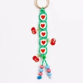 Handmade green woven heart bead keychain with red cherry charms and golden metal ring - Green Rope Heart