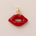 Detailed view of red enamel lip charm with shiny gold plated clasp and smooth finish - Red Lips Pendant / Red