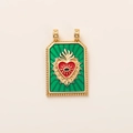 Detail showing tarot-style rectangle pendant with green enamel and sacred heart design - Green Sacred Heart