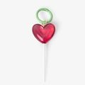 Detail view of heart lollipop keychain with red resin heart and green spring clip - Heart Lollipop
