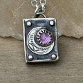 Collana retrò con ciondolo a libro in acciaio, mezzaluna e pietra preziosa viola - Libro Magico Luna